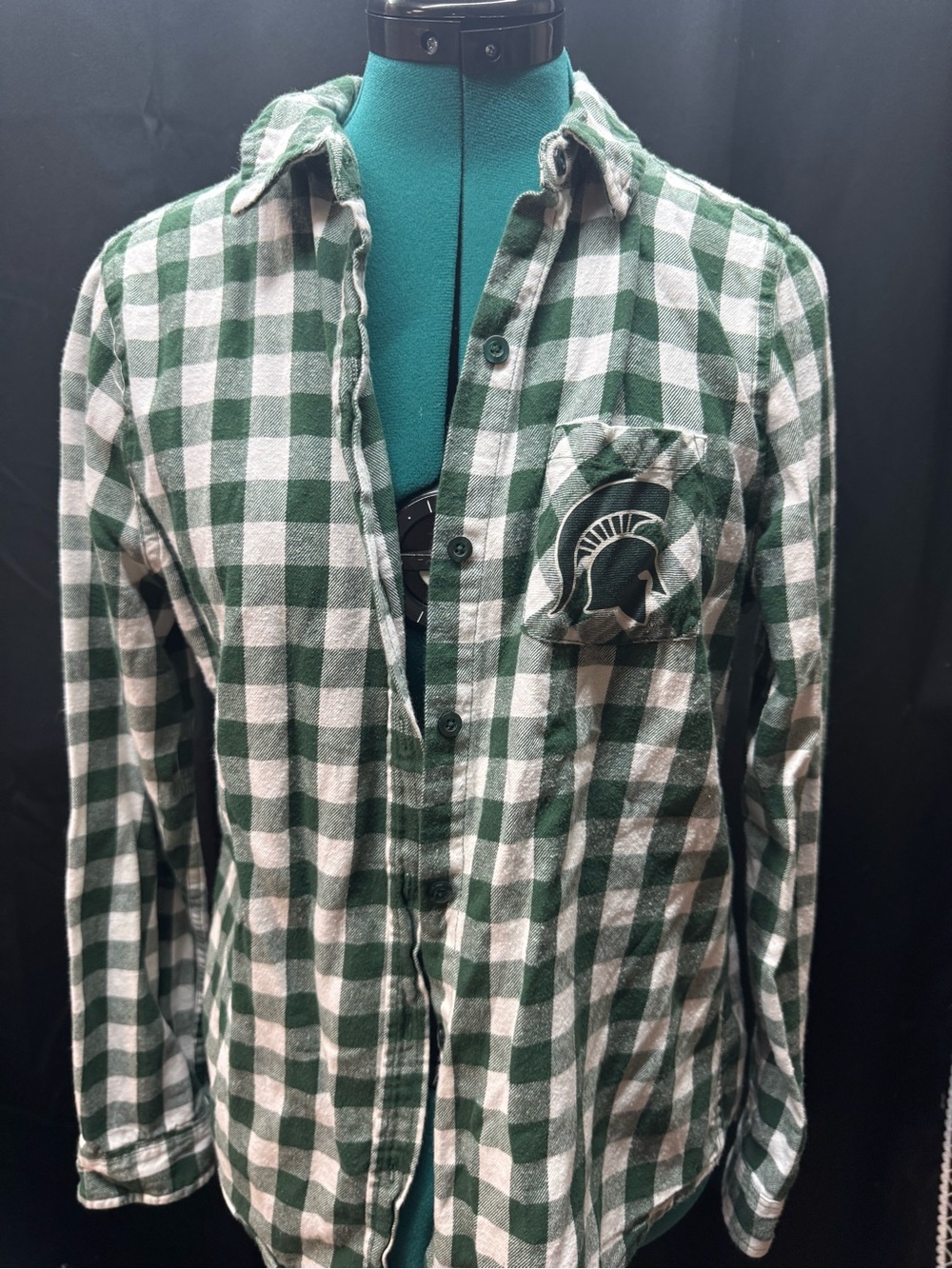 MSU Green and White Buffalo Check Button-Down Shirt with Chest Pocket